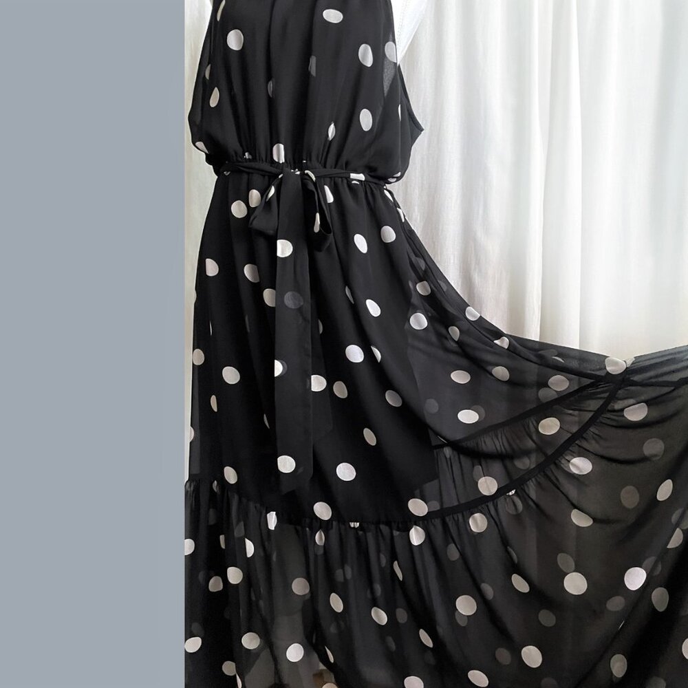A-Line Black chiffon maxi dress with white polka dots. Size XL. Polyester